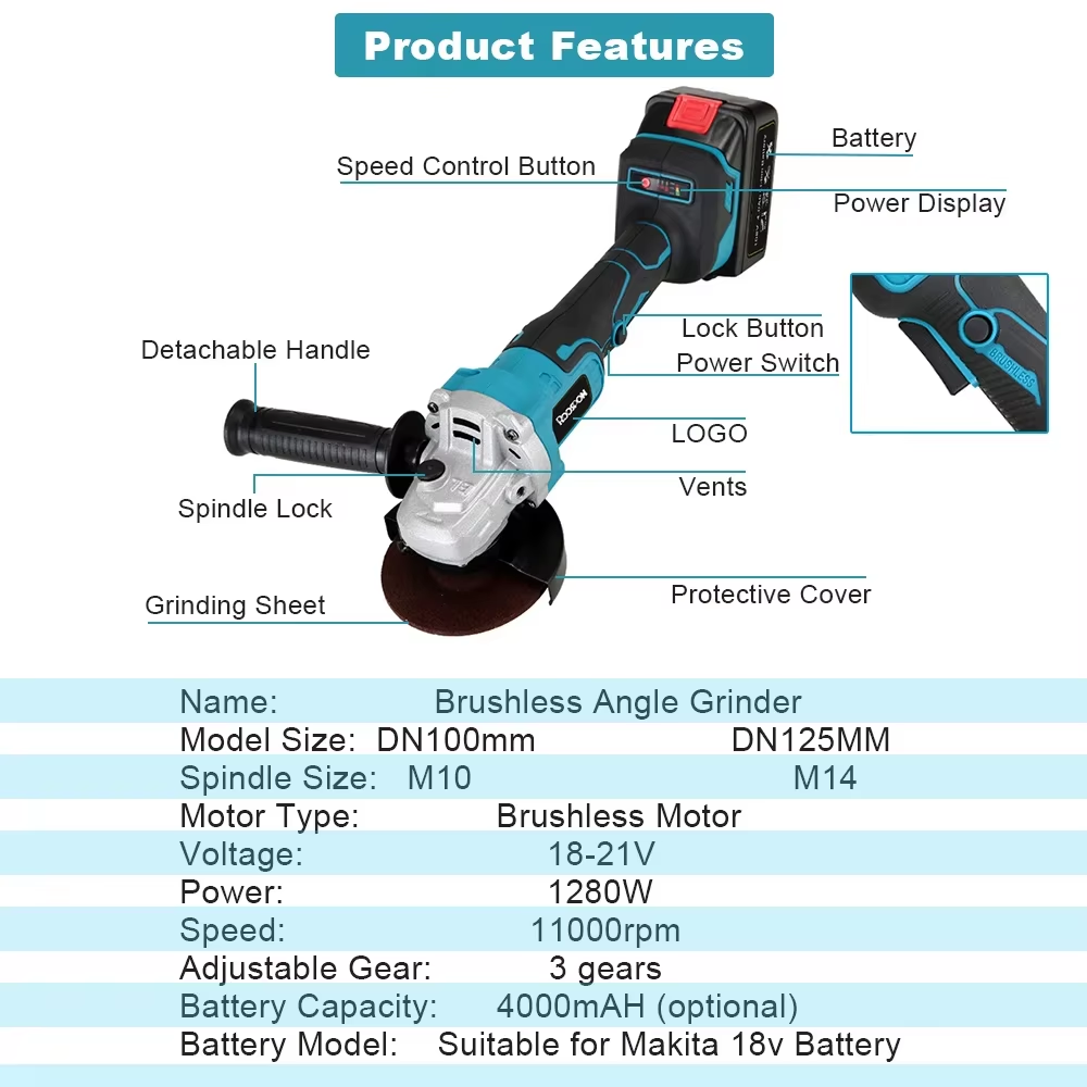 Brushless Angle Grinder Battery Powered - Amoladora angular de 125/100mm, sin escobillas,